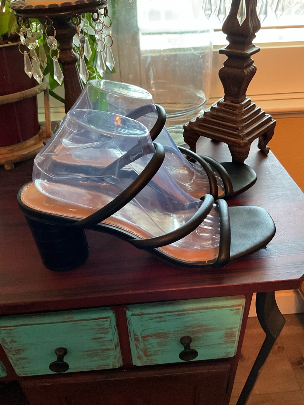 DV by Dolce Vita Black Strappy Clear-Accent Mid Block Heel Sandals